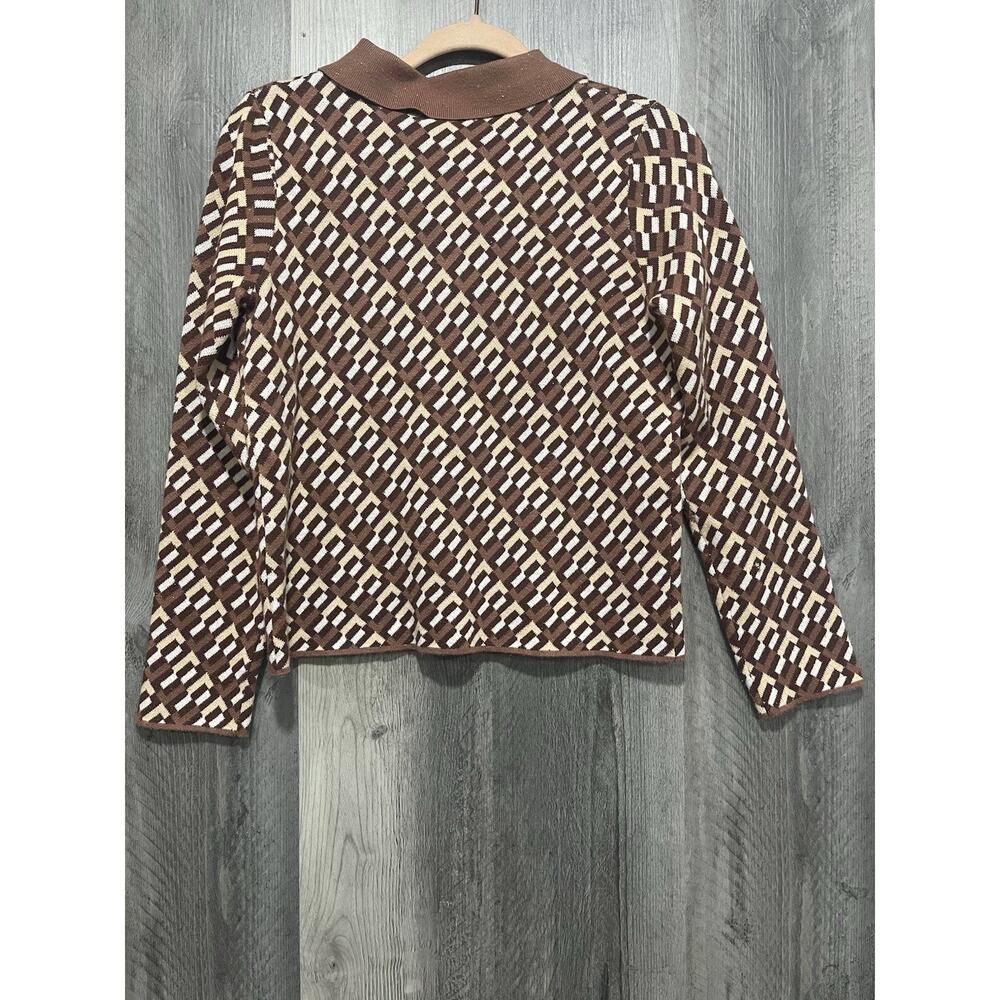 Womens 2 Piece Cider Geometric Print Knitted Polo Top & Trouser Set Brown - Picture 3 of 7